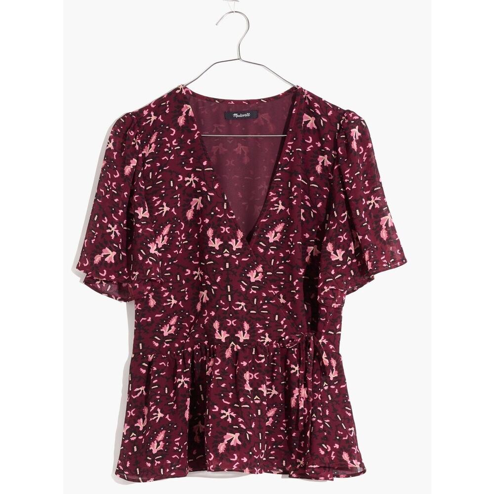 Madewell Georgette Flutter-Sleeve Peplum Paisley Dark Fig Top Size XS🍷✨ 🍂 - Picture 4 of 12